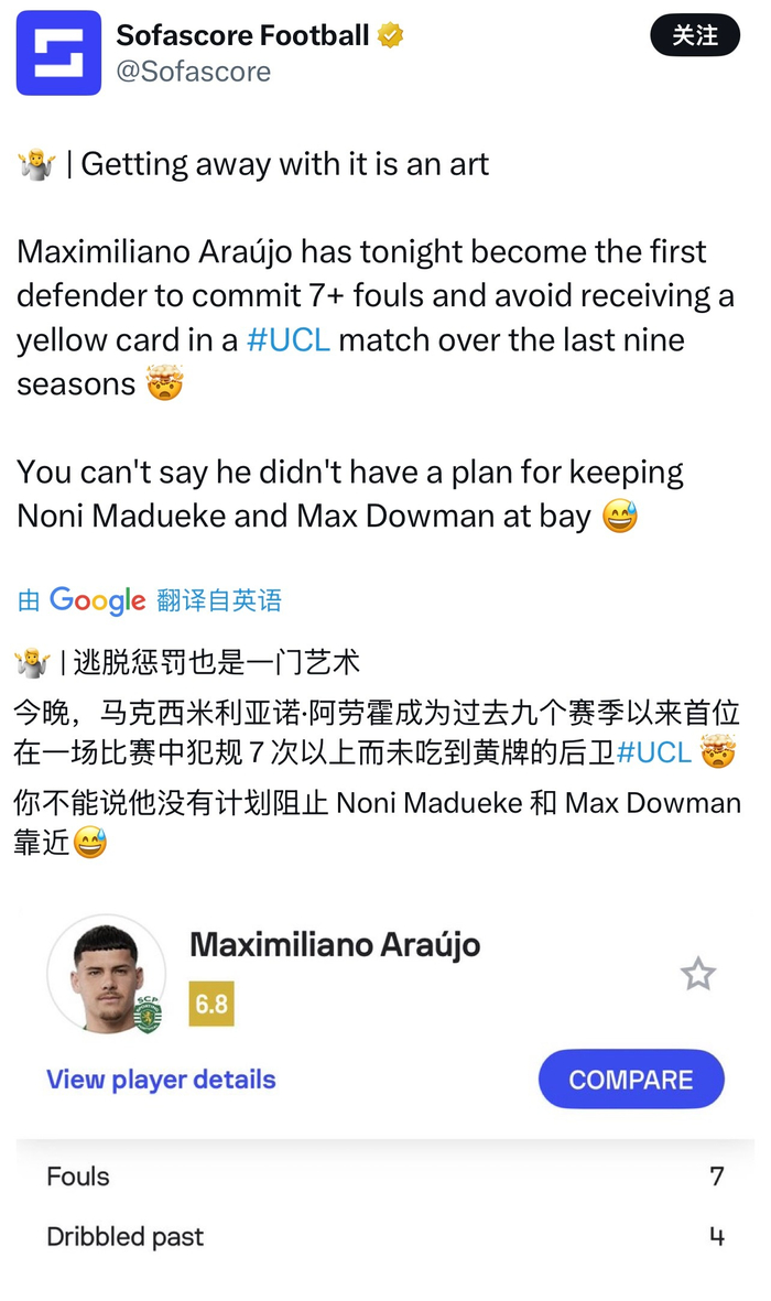 开云足球-葡萄牙体育后卫阿劳霍欧冠单场7次犯规未吃牌创纪录|阿森纳|体育赛事讨论|处罚|球员_新浪体育_新浪新闻